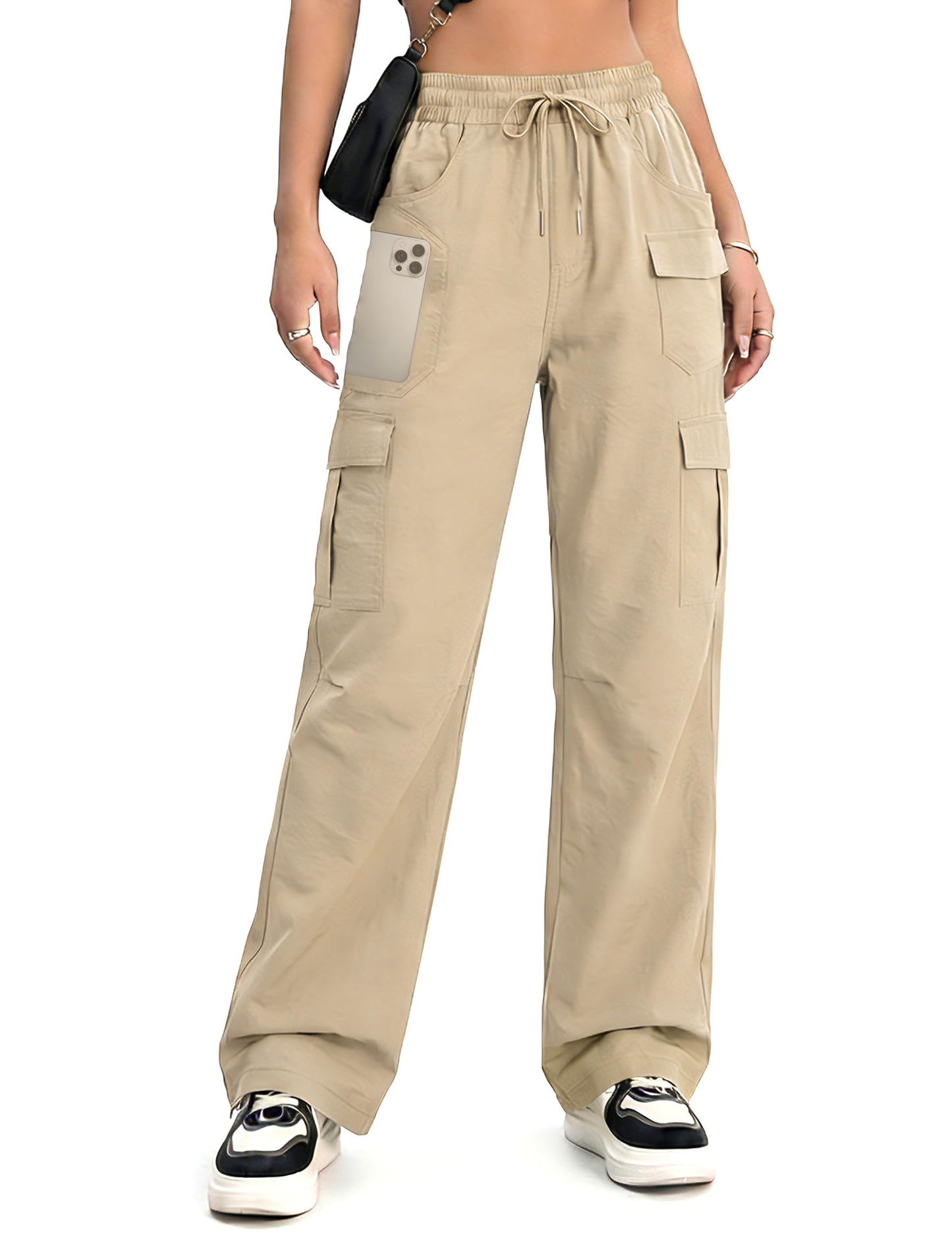 KPSUN Women's Cargo Pants 30" Lightweight Quick Dry Casual Travel Pant Streetwear for Work Hiking Outdoor with 8 Pockets(Khaki M)