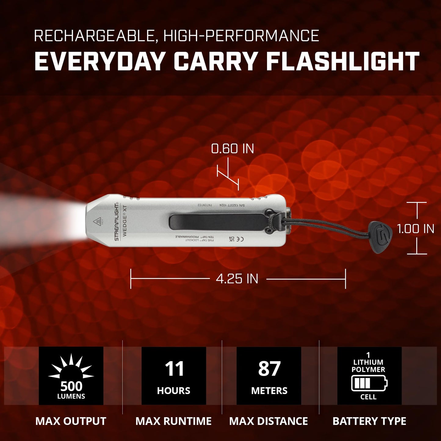 Streamlight 88819 Wedge XT 500-Lumen 1,900-Candela Flat Everyday Carry Flashlight, Includes USB-Cable and Pocket Lanyard, Silver