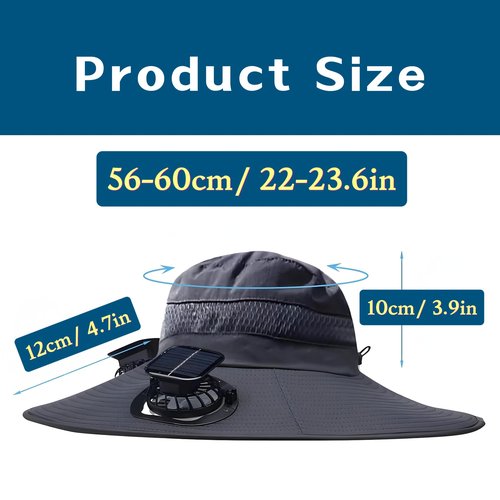 Solar Fan Hat, Wide Brim Sun Hat with 2 Solar Fan Built,Waterproof Outdoor Fishing Hat for Men Women UPF 50+ (US, Alpha, One Size, D)