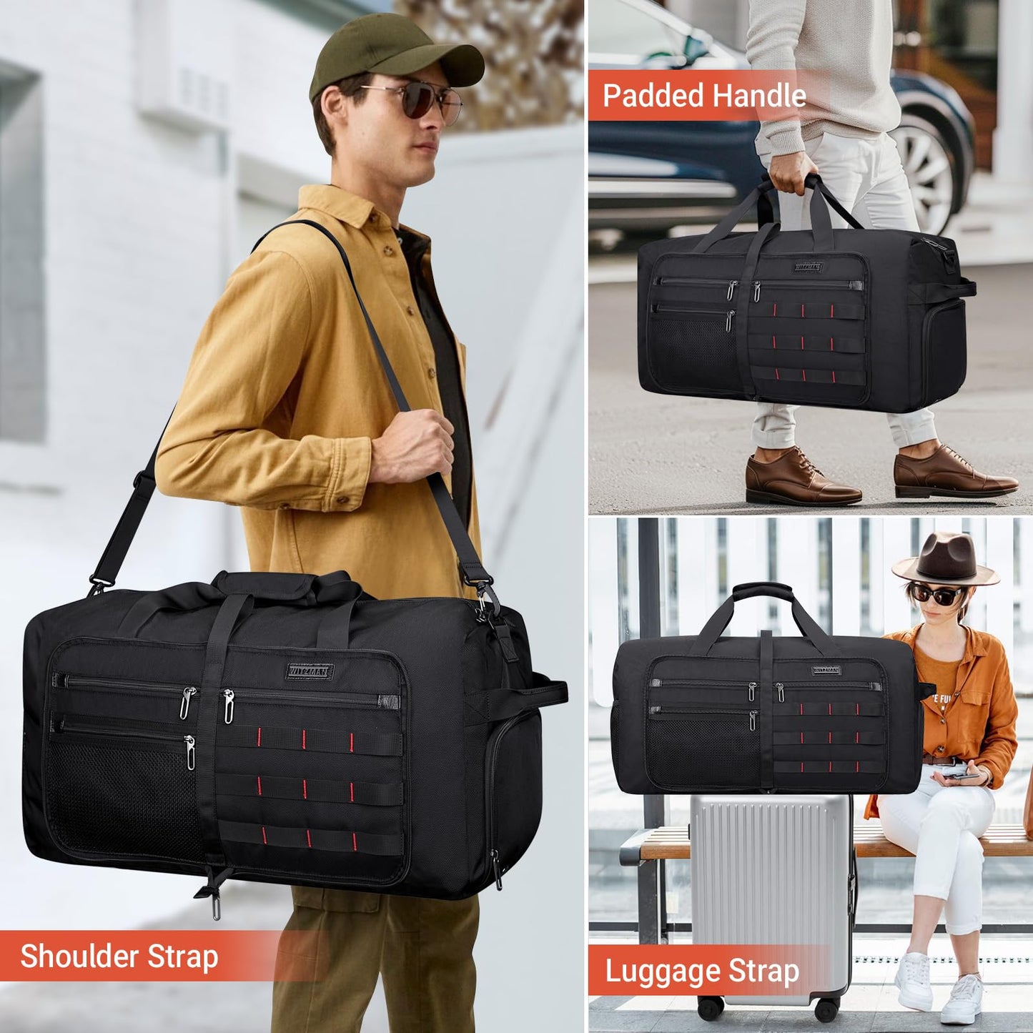WITZMAN Foldable Duffle Bag for Men Large 65L Travel with Shoe Compartment