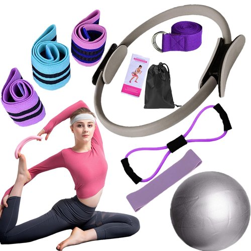 Pilates Essentials Kit for Women, Kit De Pilates En Casa, Home Pilates Kit with Yoga Ball 25cm Figure 8 Resistance Yoga Bands (Grey)