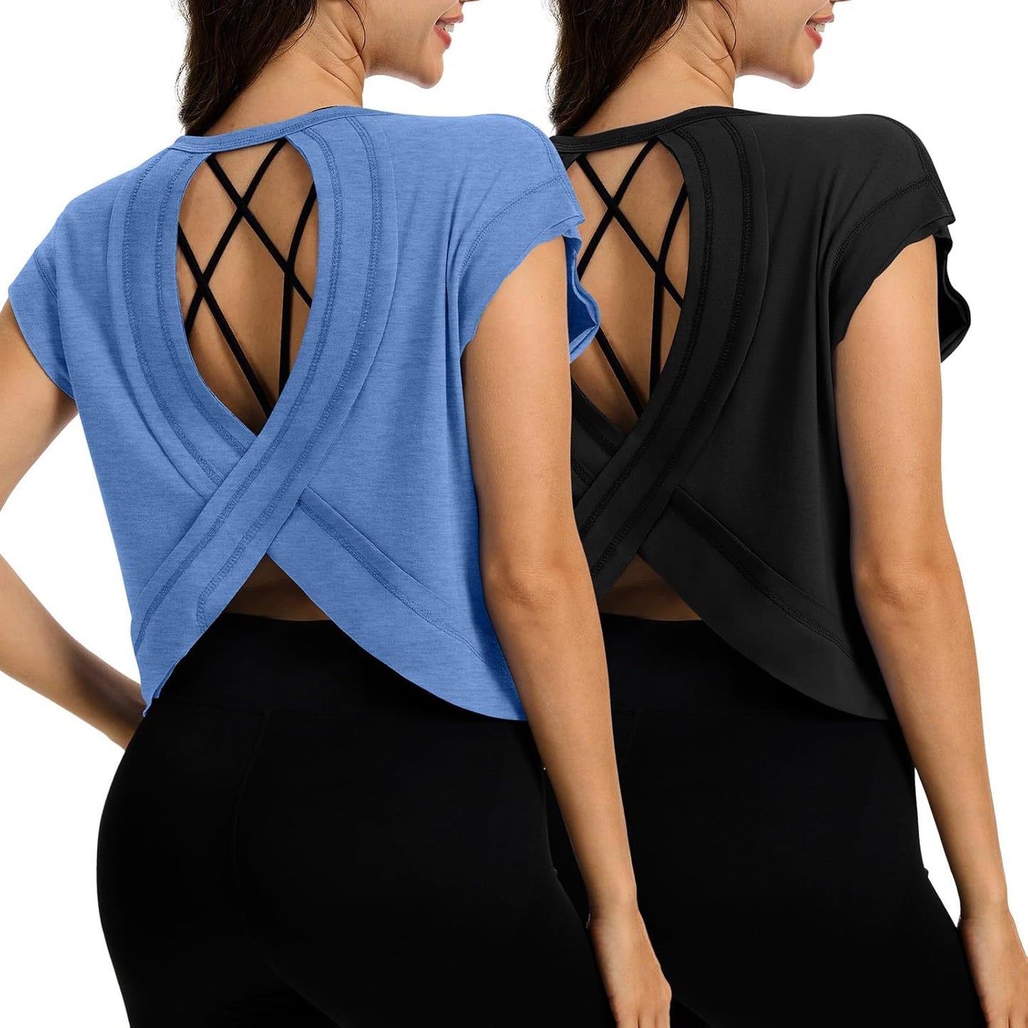 2 Pack Women's Open Back Workout Tops Short Sleeve Backless Athletic Shirts Loose Fit Crop Tops Running Gym Yoga Tee