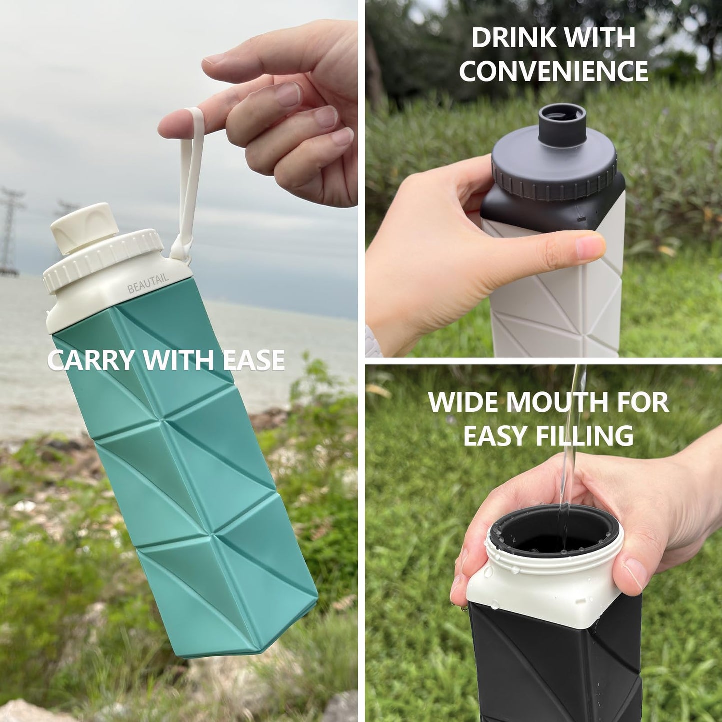BEAUTAIL Collapsible Water Bottles, Silicone Foldable Water Bottle 610ml, BPA-Free Portable Reusable Leakproof Bottle for Gym Travel Camping Hiking Sports Outdoor, 1 Pack (Blue)