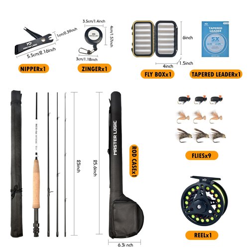 MASTER LOGIC Fly Fishing Rod and Reel Combo Starter Kit, Graphite Fly Rod with Cork Handle, Die Cast Aluminum Reel, Fly Box Case & Fishing Flies and Carrying Case and Accessories(3/4wt-7'0"-4pc)