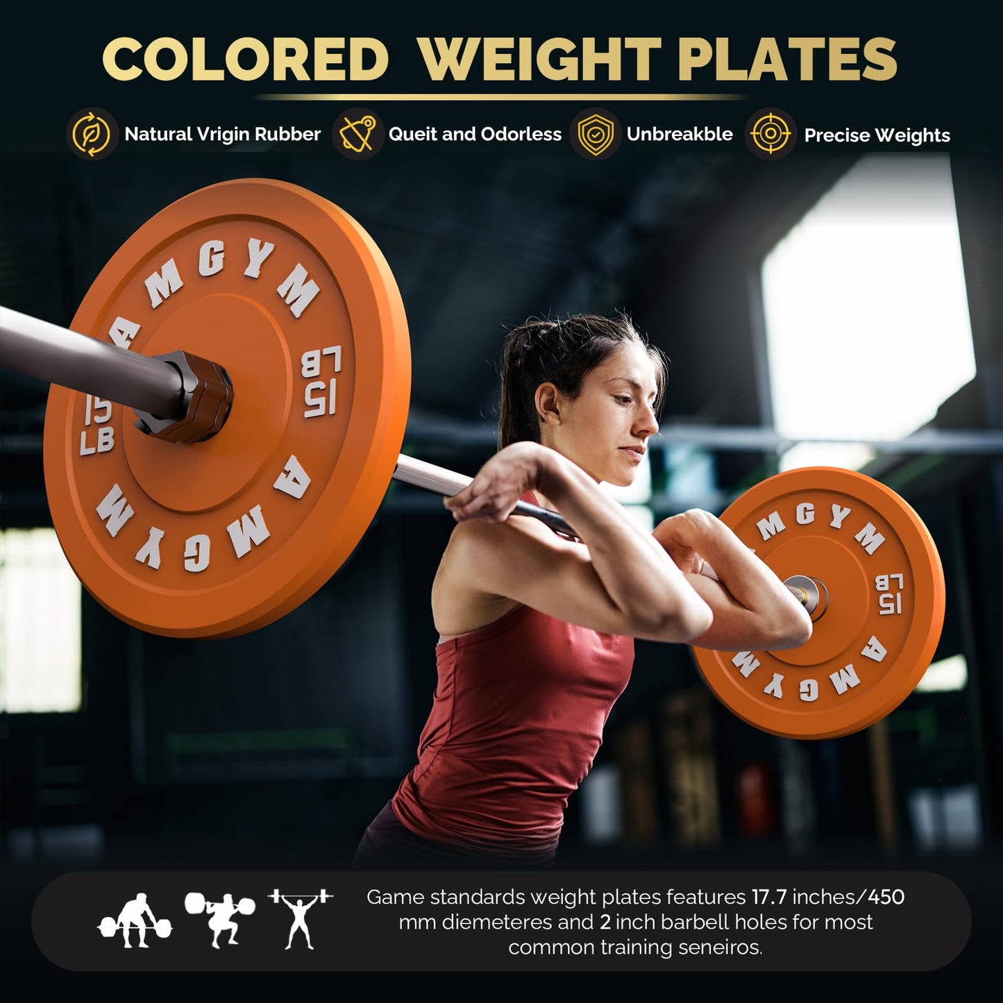 AMGYM Color Olympic Bumper Plate, Weights Plates, Bumper Weight Plate, Steel Insert, Strength Training（100 lb set new）