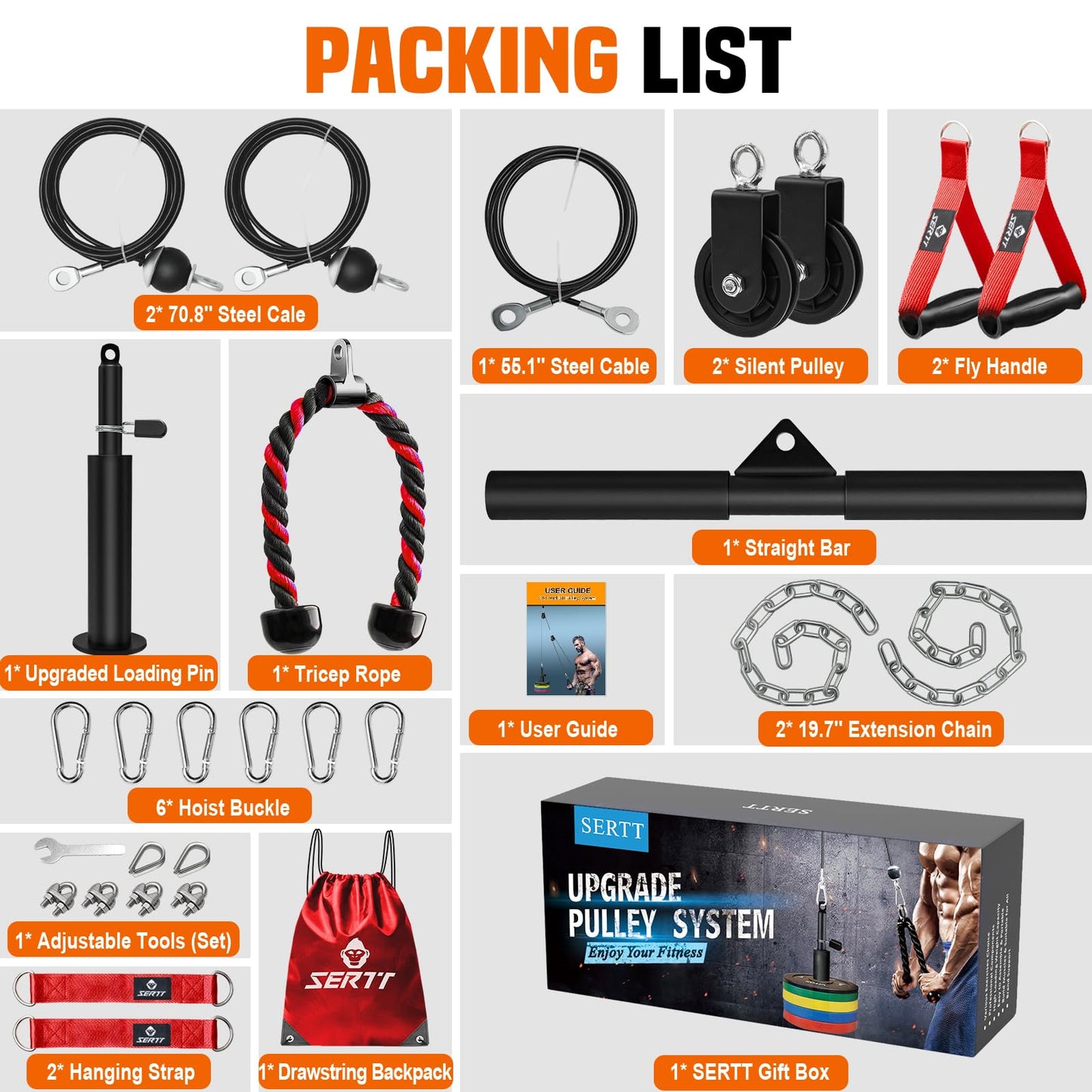 Weight Cable Pulley System Gym, SERTT Upgraded Cable Pulley Attachments for Gym LAT Pull Down, Biceps Curl, Tricep, Arm Workouts - Weight Pulley System Home Gym Add On Equipment