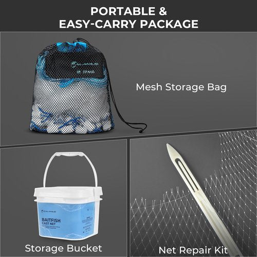 Calamus Cast Net 3/8" Mesh for Freshwater and Saltwater, 3ft-6ft Radius Casting Nets with Heavy-Duty Sinking Nylon Line, Mesh Storage Bag & Storage Bucket & Net Repair Kit
