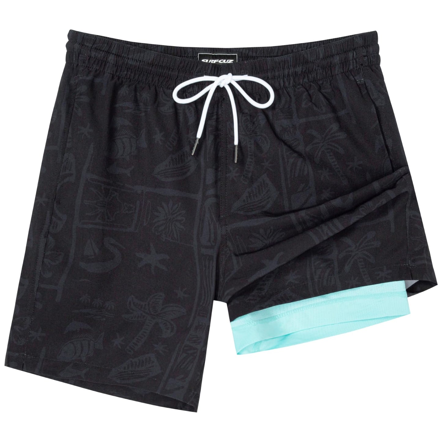 SURF CUZ Mens Swim Trunks with Compression Liner Quick Dry Swim Shorts 7" Swimming Trunks Stretch Zipper Pockets,Cool Coast,XL