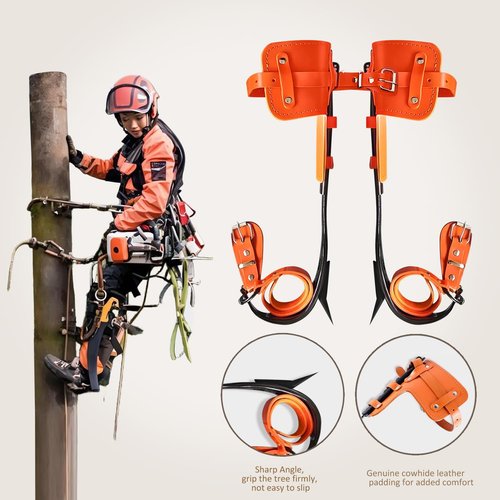 Zupixfer Tree Climbing Gear, Tree Climbing Spikes, Professional Tree Climbing Spikes Kit | Alloy Steel Spurs with Cowhide Leather Straps & Anti-Slip Pads(orange)