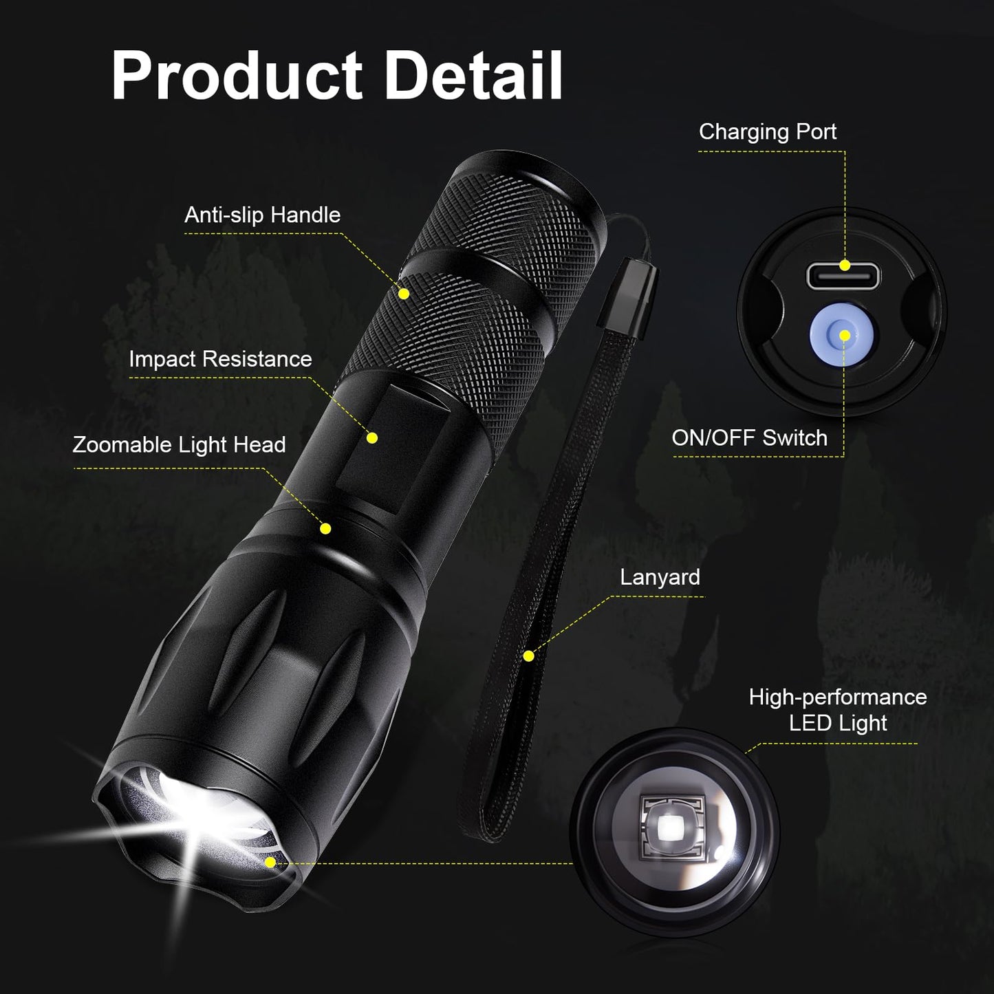 JINIU Rechargeable LED Flashlight, Bright Tactical Torch High Lumens, White Light, Waterproof Handheld Zoomable Flash Light, Gifts for Men, Hunting Camping Essentials Gear