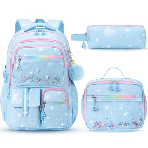 Fimibuke Backpack for Girls, 3 PCS Waterproof Kids Backpack with Lunch Box & Pencil Case Set, Cute Travel Bookbag School Bag for Kindergarten Elementary Middle High School Student Toddler Kids Teens