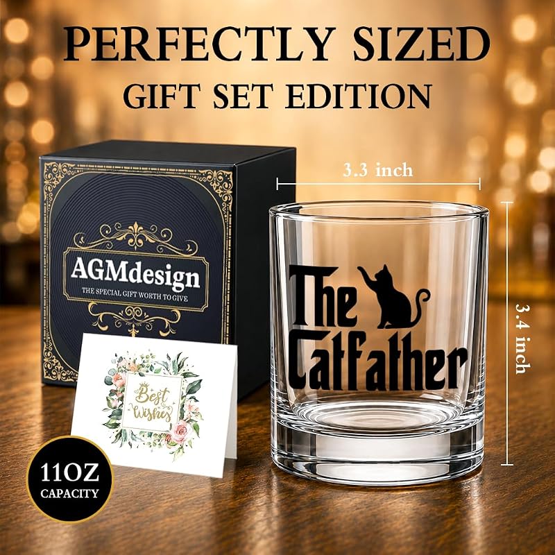 The Catfather Whiskey Glass - Funny Cat Dad Gift - Transparent 11 oz - Variation: The Catfather