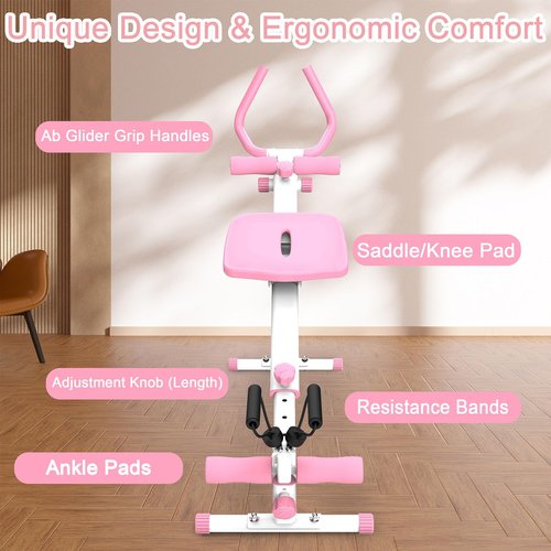 4-in-1 Workout Exercise Equipment, Rowing Machine/Leg Press Machine/Ab Glider Machine/Roman Chair, Fitness Equipment Home Gym for Abdominal & Core Strength Training (Pink)