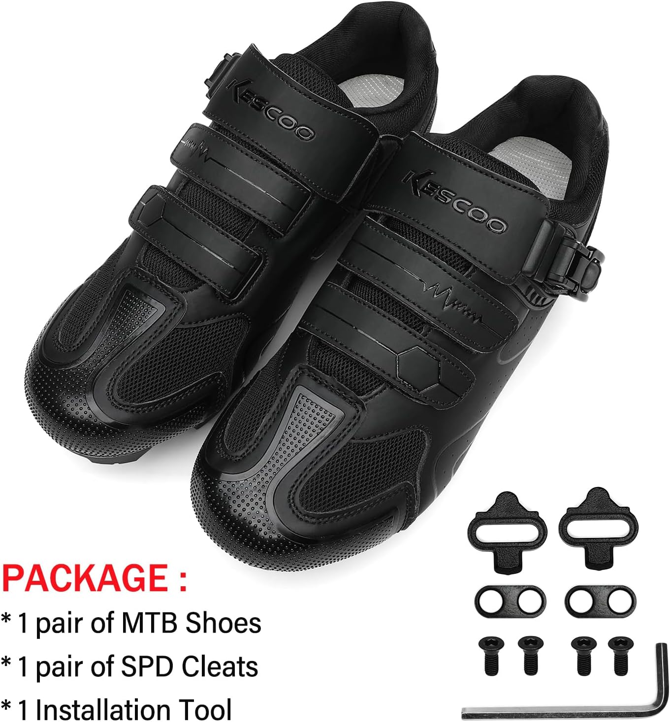 KESCOO Mens Mountain Bike Shoes with 2-Bolts SPD Cleats Included, Cycling Shoes with Quick Ratchet Buckle Indoor Outdoor Riding Biking