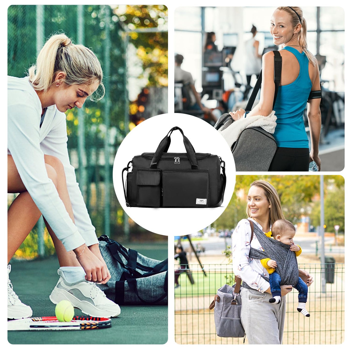 FIORETTO Women's Gym Duffle Bag with Shoes Compartment, 30L Capacity, Ideal for Travel, Gym, Sports, Duffel, Weekender, with Toiletry Bag, Black