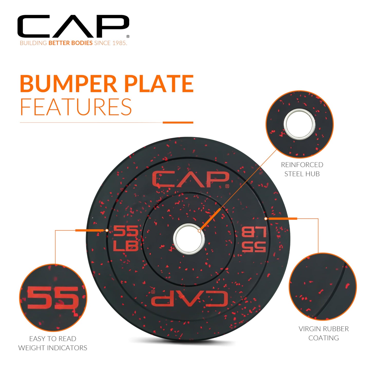 CAP 160 lb Economy Speckled Olympic Bumper Plate Set 2-Inch Olympic Plates, Medium Bounce Rubber Weight Plates with Steel Hub for Weightlifting, Strength Training & Home Gym Workouts