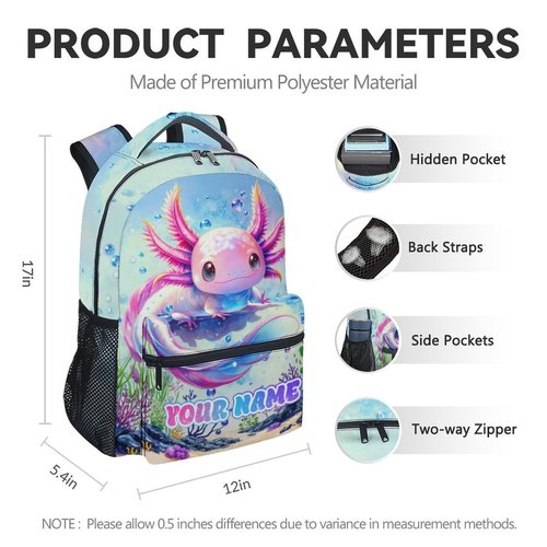 MEETUHONEY Personalized School Backpack for Kids - 17 Inch Axolotl Kids School Bag for Elementary - Portable Lightweight Animals Backpacks for Preschool