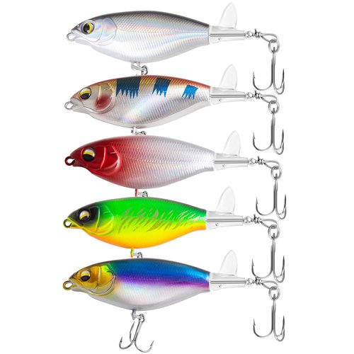 5Pcs Topwater Fishing Lures with Bait Box, 0.2oz Whopper Popper with Rotating Tail Treble Hooks, Plopper Floating Lure for Bass Crappie Walleye Catfish Pike Perch, Freshwater or Saltwater