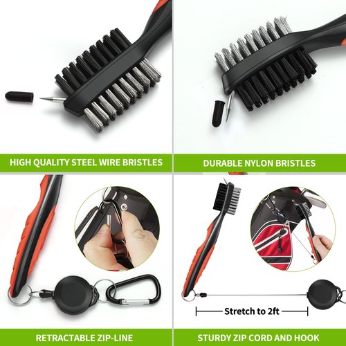 KUUKIKV 2 Pack Professional Golf Brush, Golf Brush and Groove Cleaner with Retractable Zip-line & Carabiner, Golf Club Cleaner for Golf Clubs, Golf Brush for Golf Bag, Golf Accessories for Men Golfer