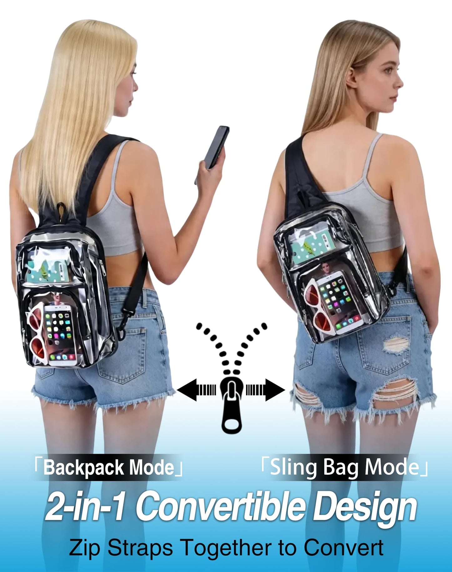 BEHDRE Clear Backpack Stadium Approved 12×12×6 with Breathable Shoulder Straps, Clear Sling Bag for Stadium Work Concert Festival - Black