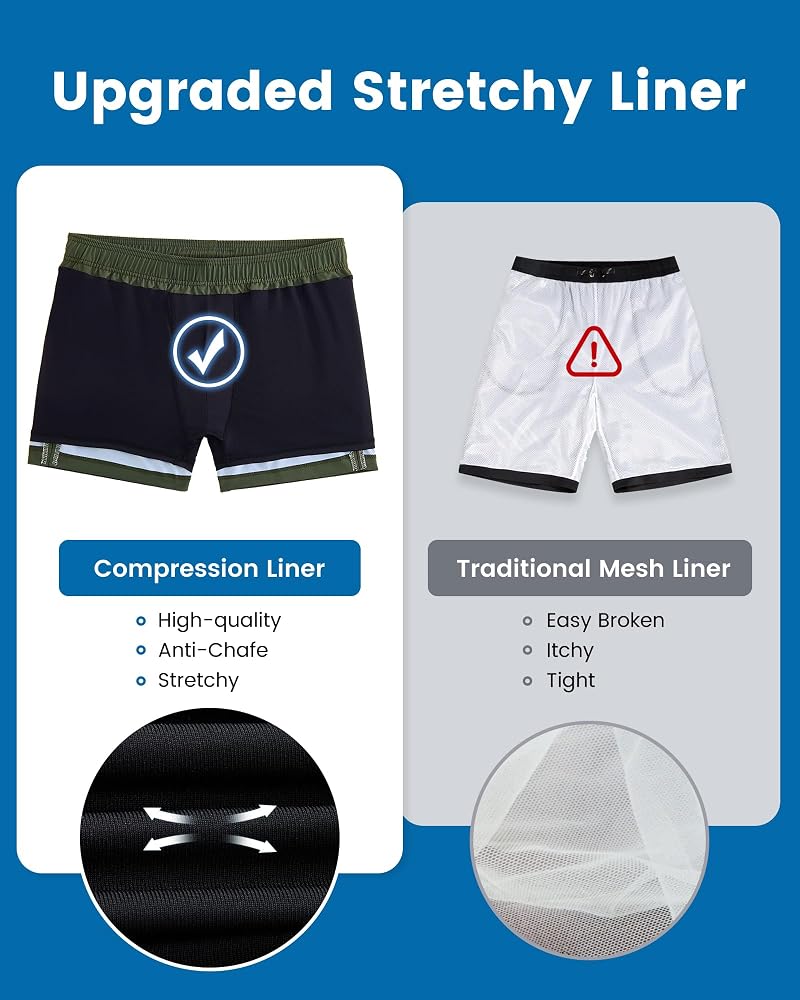 Maamgic Army Green Swim Trunks with Compression Liner – 4" Quick-Dry, 2 Side Pockets