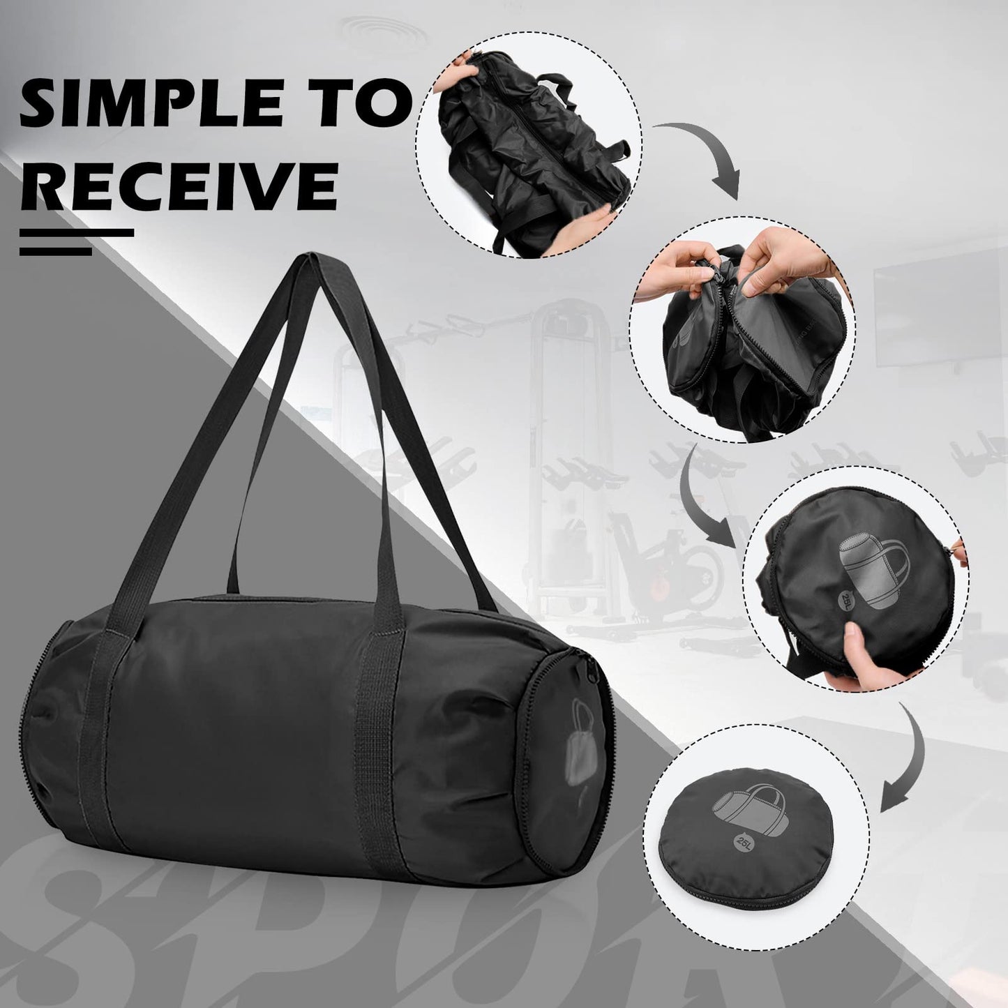 Foldable Sports Gym Duffel with Wet Dry Pocket, Ultralight Travel Carry on Bag, Overnight Weekender for Travel, Beach (Black)
