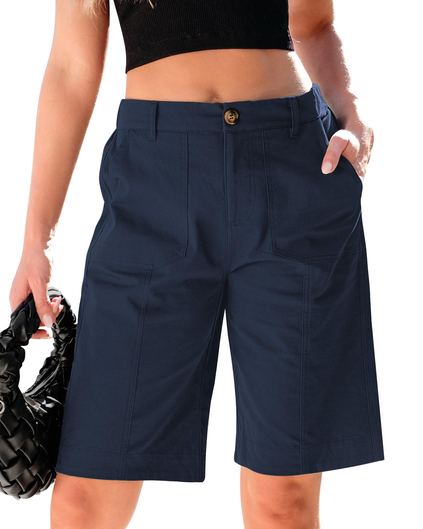 luvamia Bermuda Knee Length Shorts Shorts for Women Trendy Summer Dark Blue Size Large Size 12 14