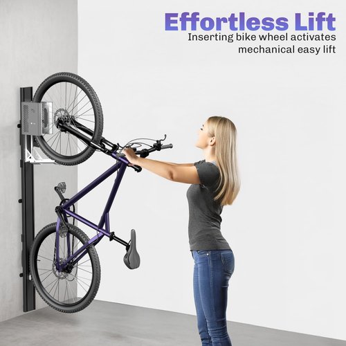 Life Finds Vertical Wall-Mounted Bike Rack with Mechanical Lift, Easy Bicycle Storage, Black, LF-EBR1