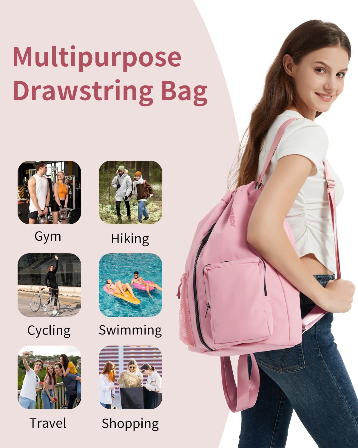 WANDF Drawstring Backpack with Shoe Compartment, Sports Gym Bag