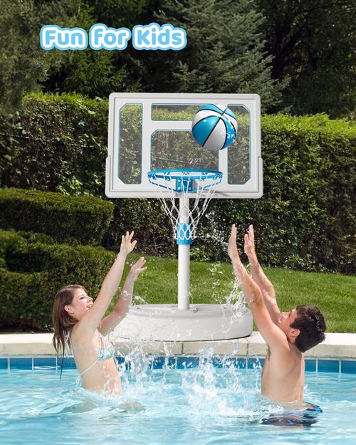Swimming Pool Basketball Hoop, Stainless Steel Adjustable Poolside Basketball Goals System with 32 Inch Shatterproof Backboard, 2 Balls & Pump Included