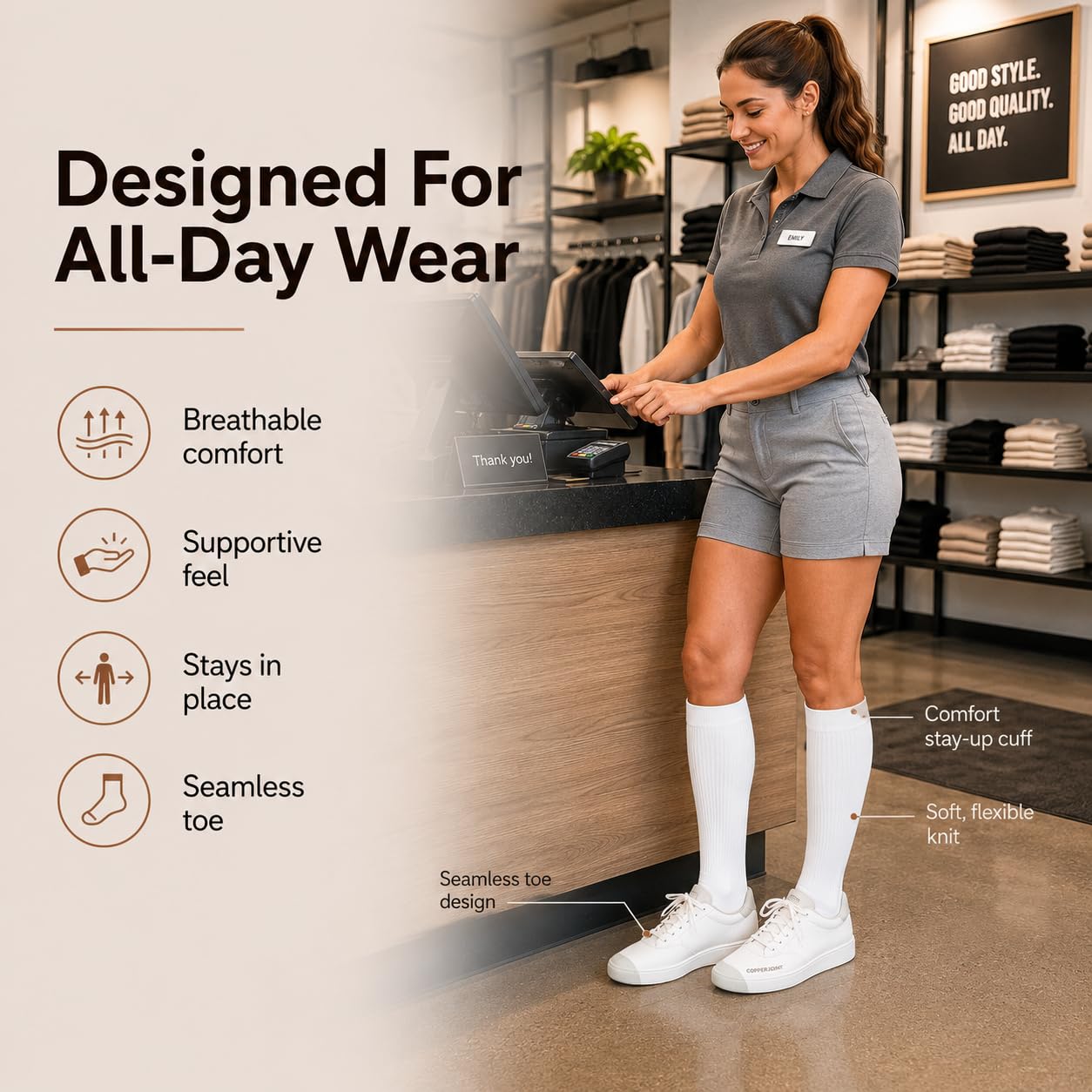 CopperJoint Knee High Compression Socks for Women and Men, Graduated Long Compression Socks for All-Day Standing, Sports & Travel, 15-20 mmHg Leg Support for Daily Wear