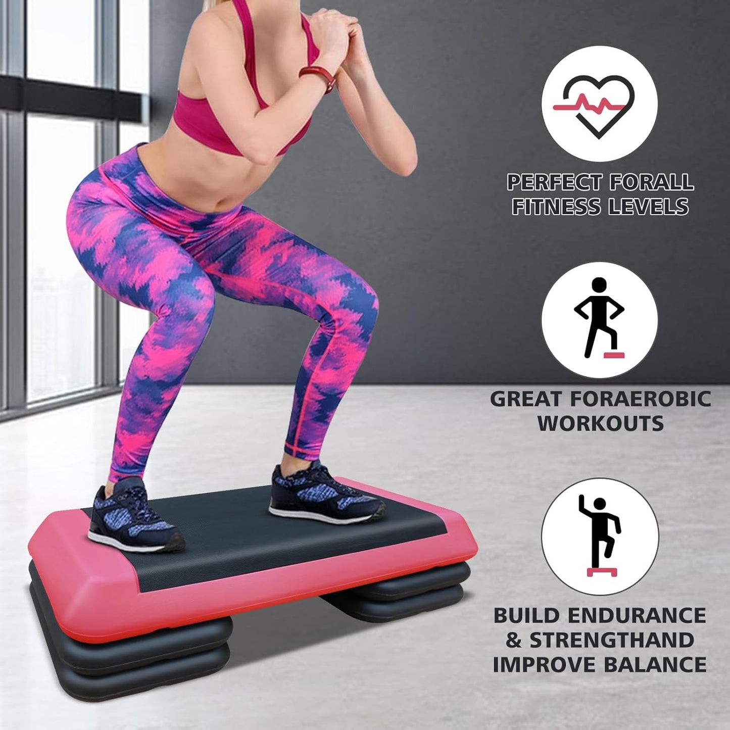 28.5'' Exercise Aerobic Step Platform, 4-6-8inAdjustable Fitness Stepper Workout with 4 Stackable Risers, Aerobics Stepper Workout Stepper for Home Gym Cardio Strength & Training (Red & Gray)
