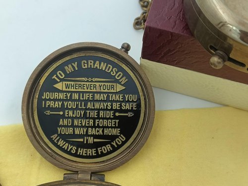 Decor&More to My Grandson Brass Prayer Compass with Wooden Box Religious Gift for Men, Graduation Gift Hiking & Traveling