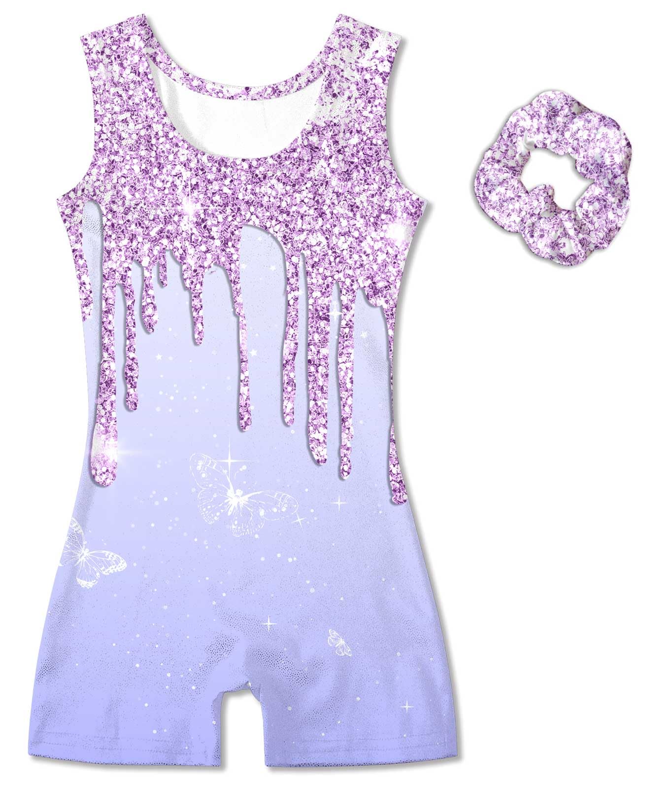 Vogseek Sparkly Gymnastics Leotards for Girls 4 5 Years Cute Light Purple Shiny Ballet Dance Unitards Biketards with Hair Scrunchie Kids Tumbling Shorts Activewear Clothes, Purple Fluid
