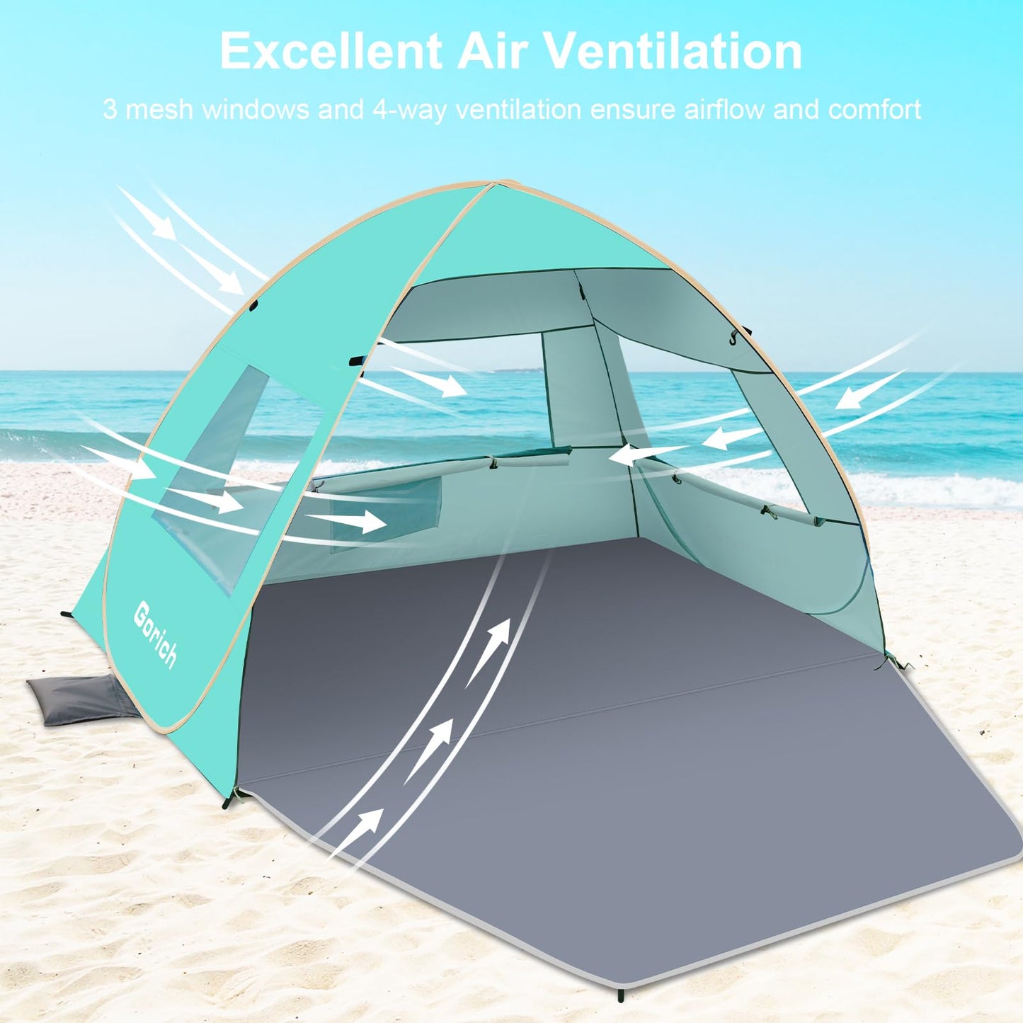Gorich Easy Pop Up Beach Tent for 3-4 Person, UPF 50+ UV Protection Beach Umbrella Sun Shelter, Portable Lightweight Shade with Easy Foldable & Instant Setup