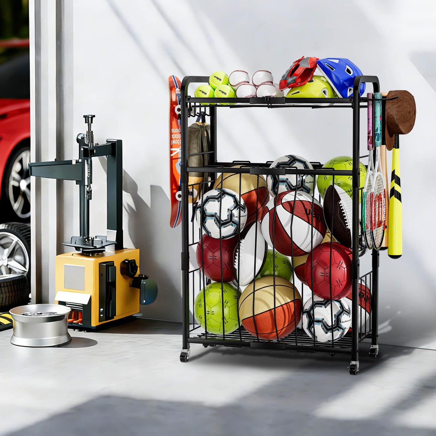 YIWANFW Garage Ball Storage Rack - Sports Equipment Organizer with Wheels, Rolling Sports Ball Cart with Elastic Rope, Outdoor Ball Holder for Basketball Soccer Volleyball Football, Garage Toy Storage