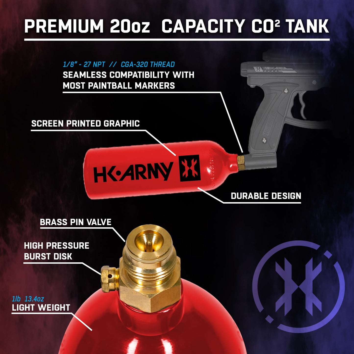 HK Army 20oz Aluminum CO2 Tank - High Pressure Compressed Air System for Paintball & Airsoft Gear - Red