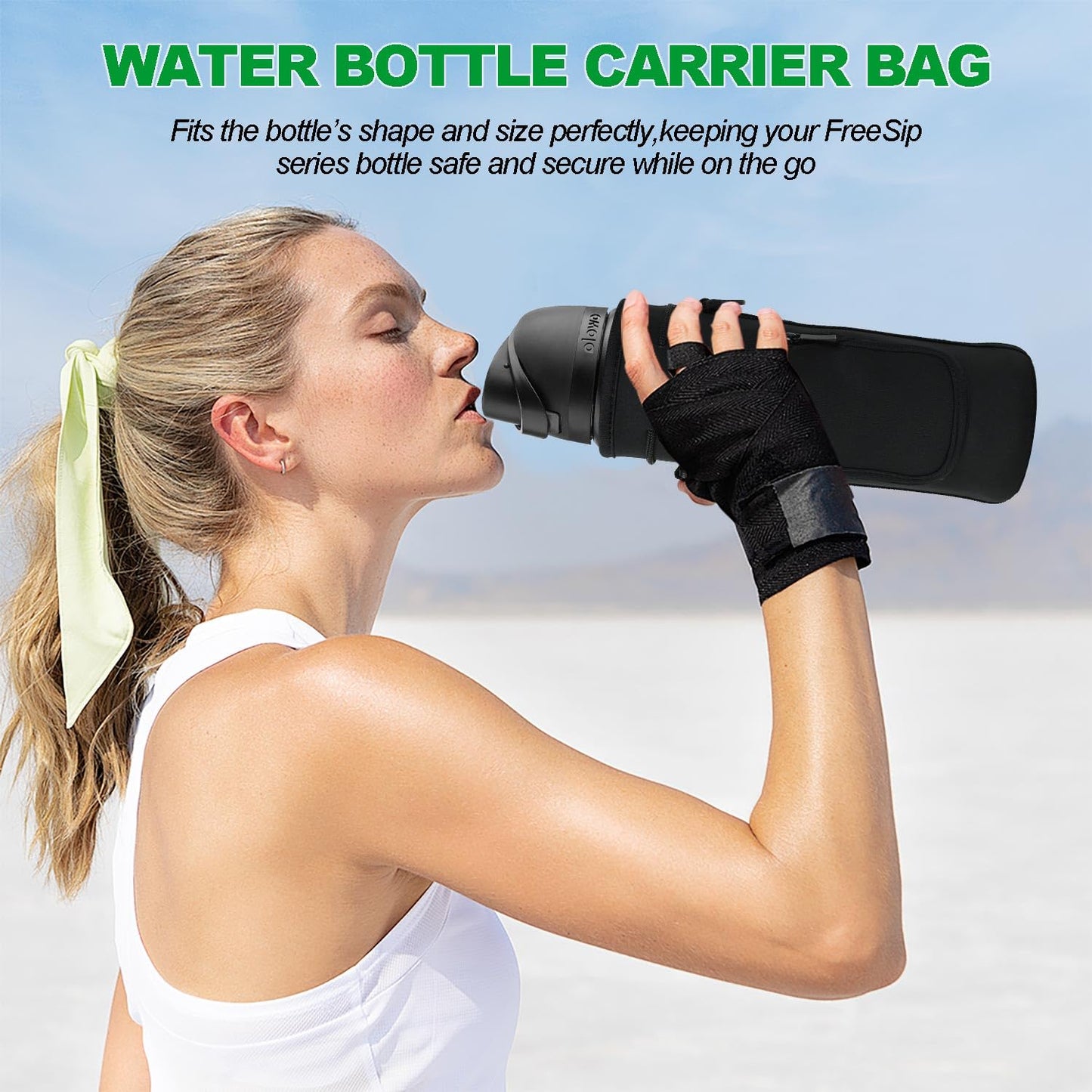 NUENSS-ROR Water Bottle Carrier Bag for Owala FreeSip Insulated Stainless Steel Water Bottle 16oz 24oz 32oz 40oz, WaterBottle Sleeve Holder, Adjustable Shoulder Strap & Pocket (Black, 24 Oz)