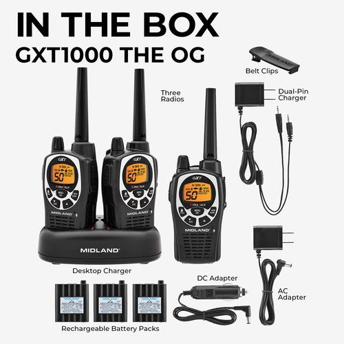 Midland GXT1000X3VP4 GMRS Two-Way Radio (50-Channel, Long Range, 142 Privacy Codes, SOS, NOAA, Rechargeable Nickle Battery, Black/Silver, 3-Pack)