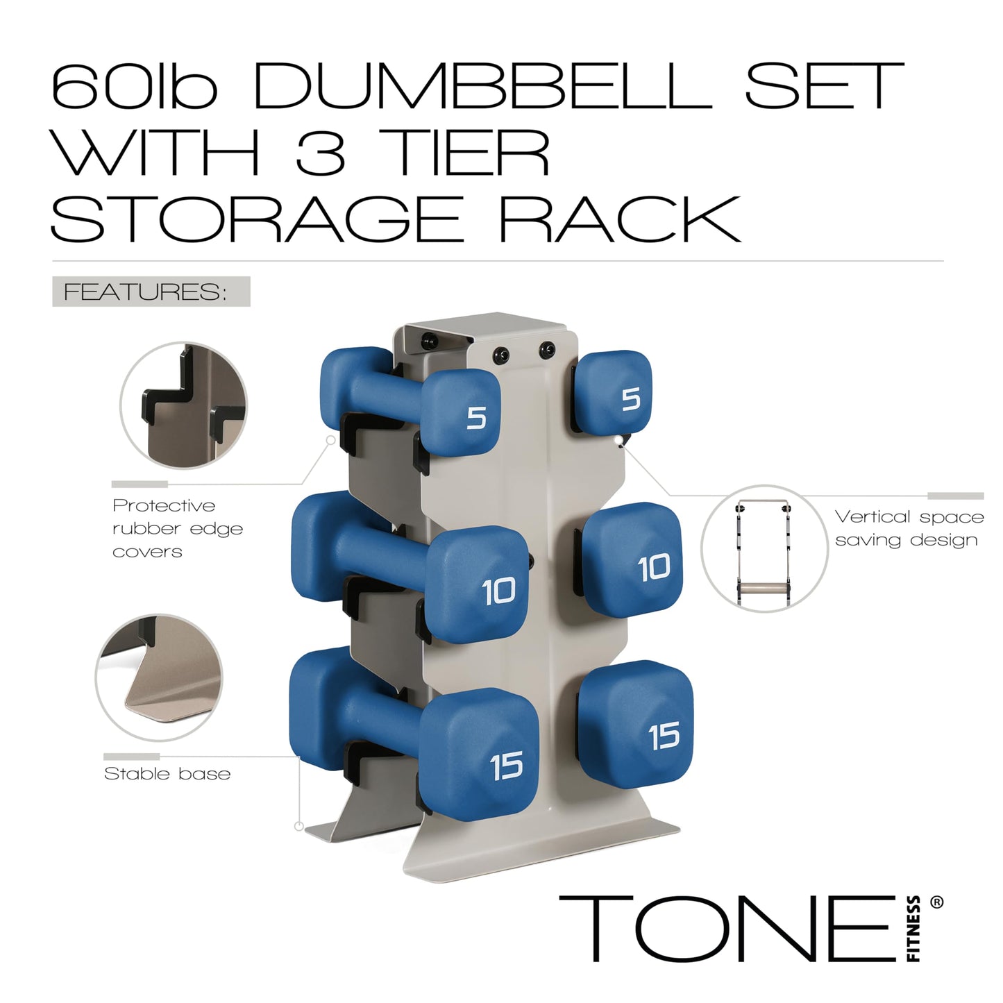 Tone Fitness 60 LB Neoprene Dumbbell Set with Storage Rack – Non-Slip, Anti-Roll Hand Weights for Home Gym Workouts | Light Gray Rack and Blue Dumbbells