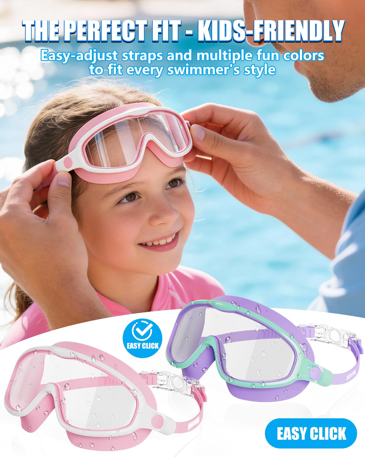 Aegend Swim Goggles 2PCS Wider Vision Swimming Goggles for Kids 3-14 (Pink & Purple)