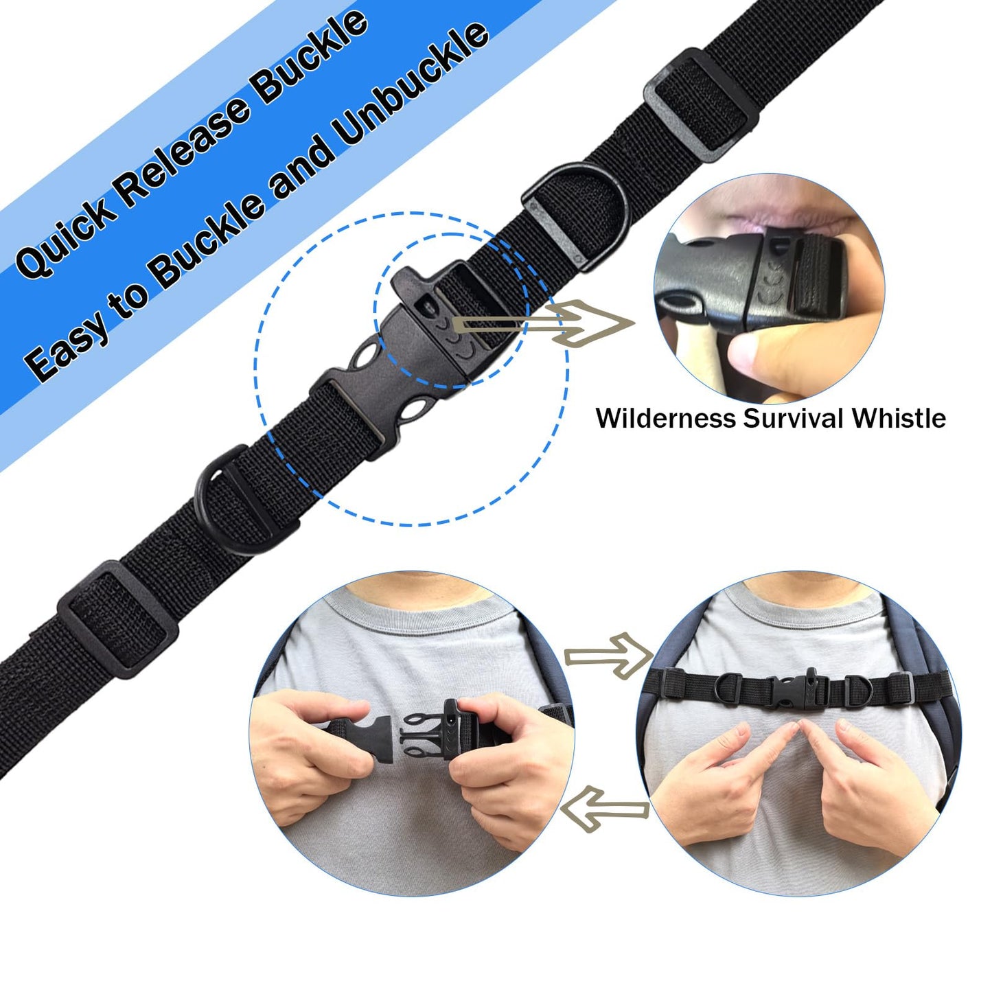 2 PCS Backpack Chest Strap Add on, Adjustable Sternum Straps for Backpacks and Schoolbag, Heavy Duty Backpack Waist Strap Chest Belt with Whistle Quick Release Buckle and Slide Lock for Hiking Jogging