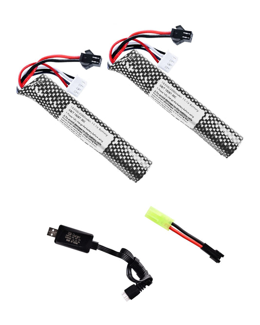 11.1v 2000mAh Battery with Charger - Rechargeable Batteries Accessories with SM2P Plug Mini Tamiya Connector for Airsoft Compatible with Gel Ball Blaster Gun,2 pcs