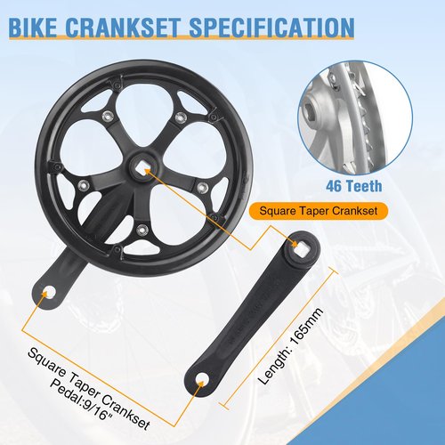 MEGHNA Bicycle Crankset 52 Teeth for 6-10 Speed Gears Lightweight Aluminum Alloy 165mm Crank Arm Dual Chain Guards for Folding Bike E-Bike Square Taper Black