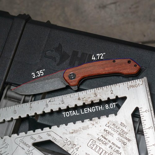 704 Gear Midnight Scout EDC Folding Pocket Knife with Damascus Steel Blade | Full Sized 3.35" Drop Point | Blood Sandalwood