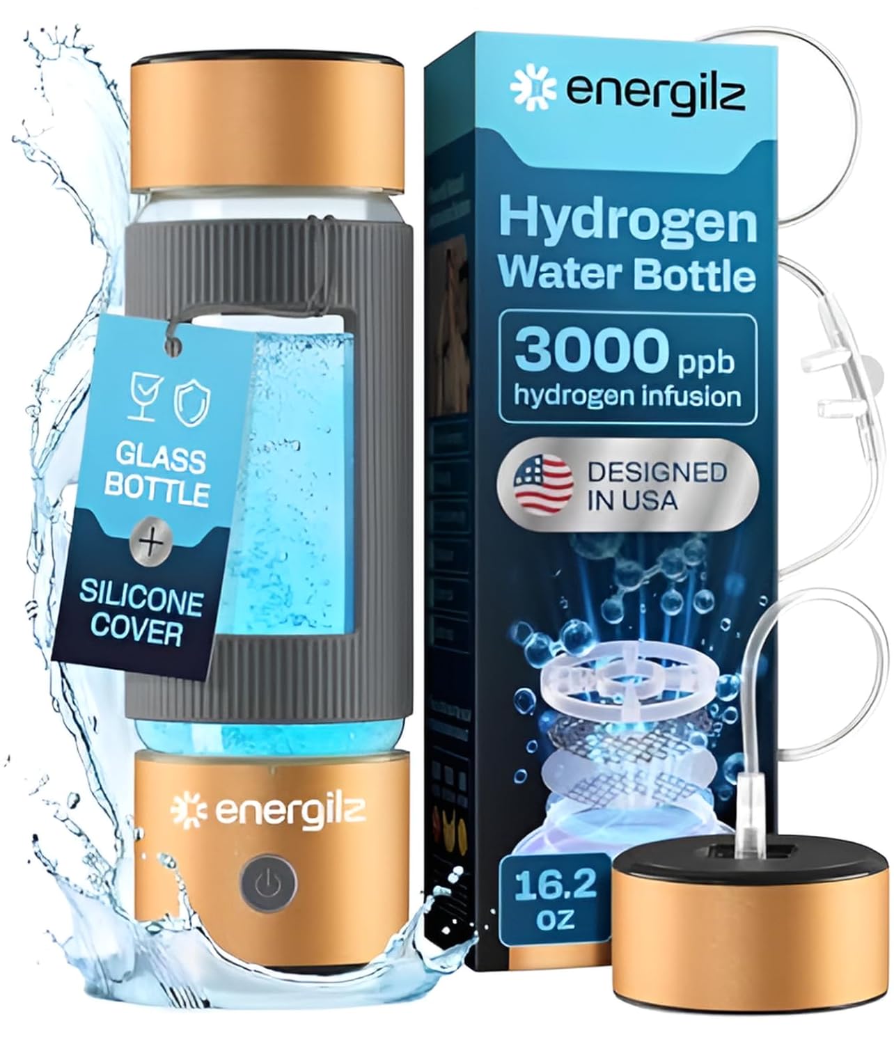 Hydrogen Water Bottle | Large 16.2 oz (480 ml) Hydrogen Water Bottle Generator 3000ppb | Hydrogenator Machine | SPE/PEM Hydrogenated Ionizer Generator (Steel w/Black)