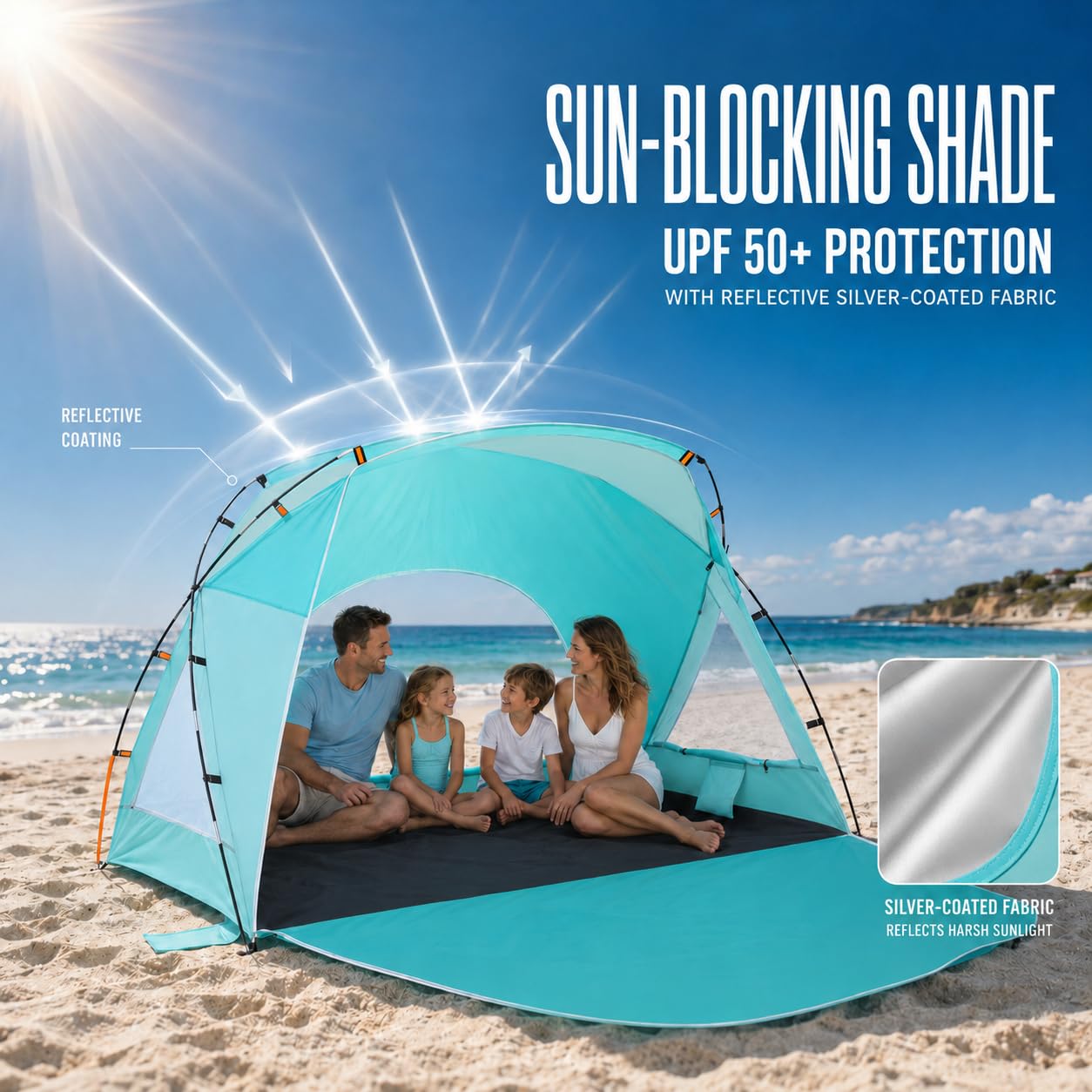 Beach Tent, Portable Sun Shelter for 2/3/4/6-8 Person with UPF 50+ UV Protection, Easy Setup Waterproof Beach Shade Canopy Cabana for Family Outdoor and Picnics, Fishing with Carrying Bag
