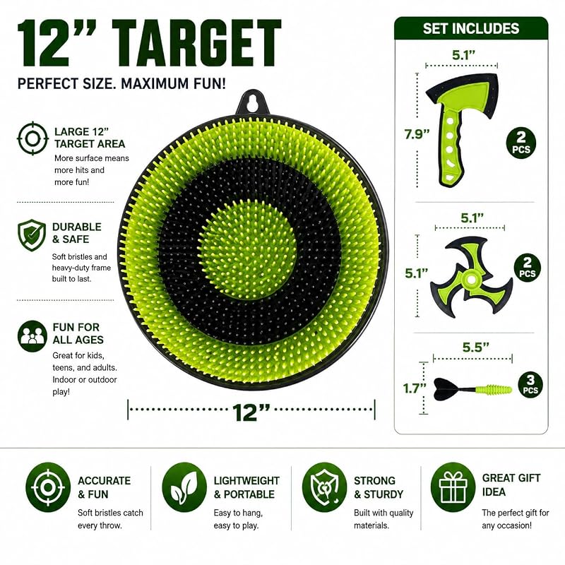 Leeray 3-in-1 Axe Throwing Game with Bristle Target Board - 12-Inch Green (Black+Green) Variation