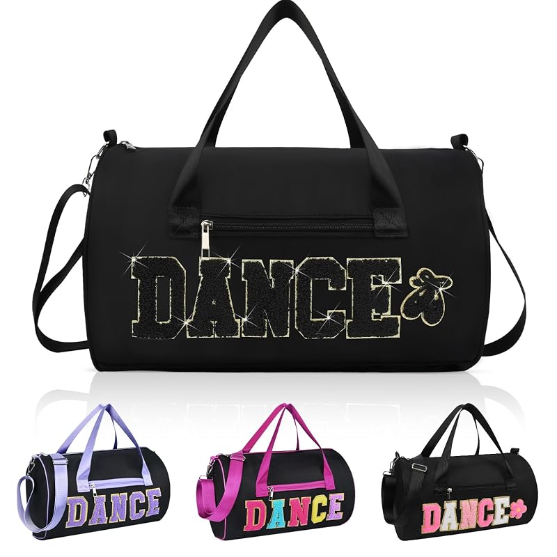 KUIRAN 23L Dance Duffle Bag for Girls with Colorful Chenille Lettering - Black/Gold, Medium