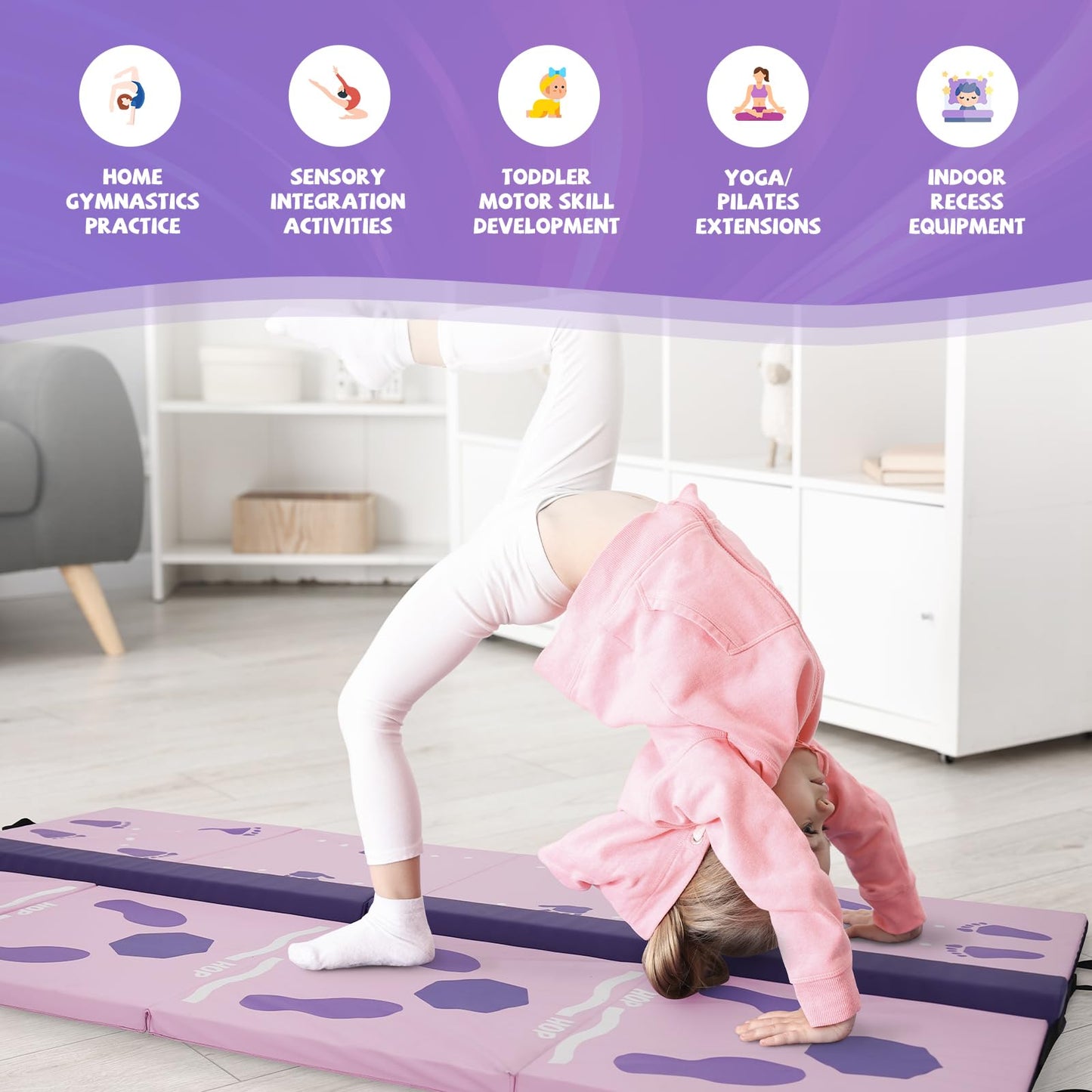 Kangaroo Hoppers Gymnastics Tumbling Mat with Balance Beam - Kids Folding Tumble Mat for Endless Play & Skill-Building, Perfect for Home Gym, Playroom and Backyard Activities, Purple & Pink